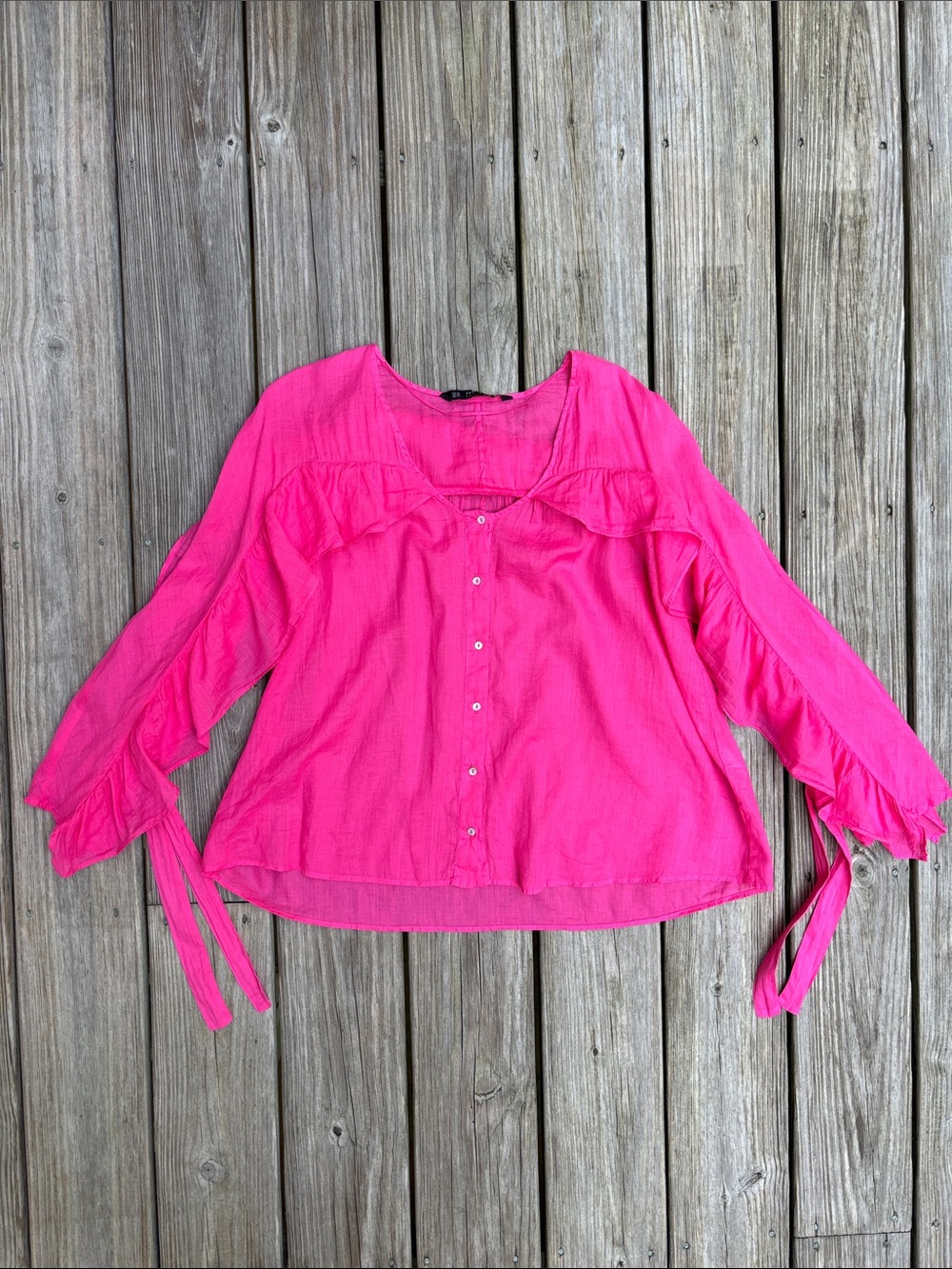 ZARA | Fuchsia Ruffle Ramie Cotton Blend Romantic Blouse Tie Sleeve | Size XS